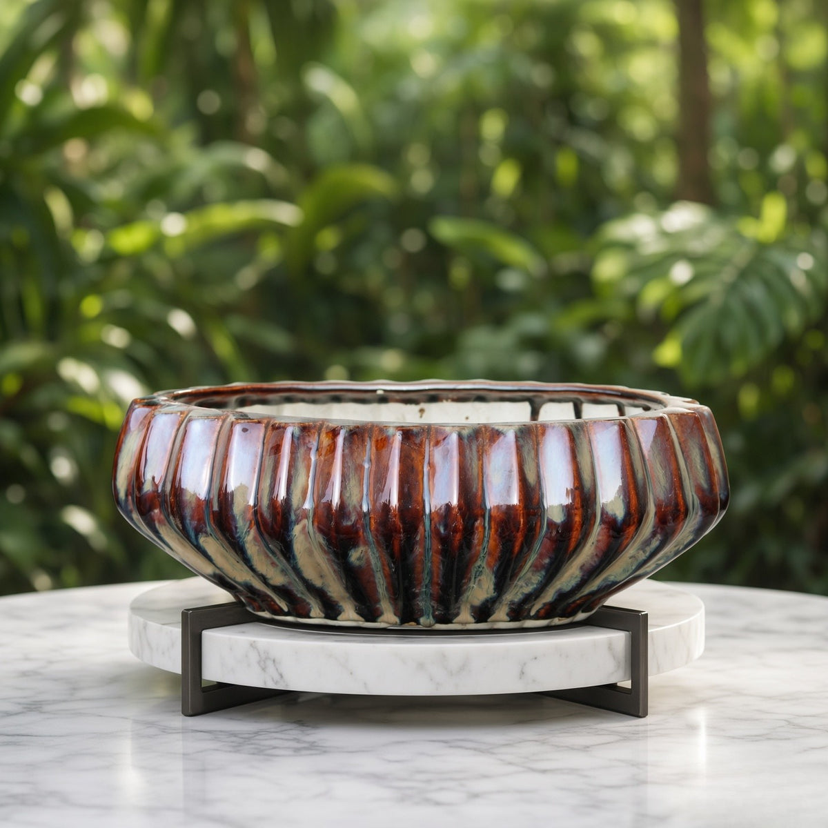 Artisan Ribbed Glazed Ceramic Planter