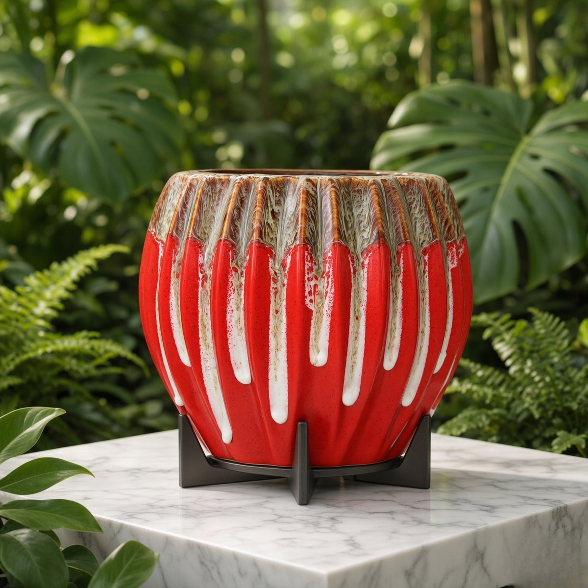 Crimson Drip Glazed Ceramic Planter